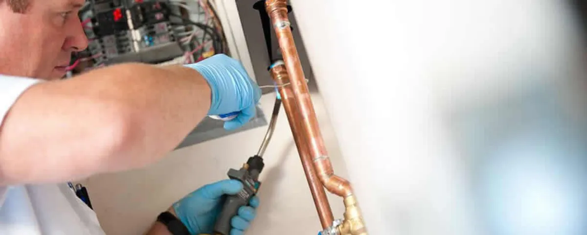 Water heater repair technician testing copper pipe connections and controls in Overland Park, KS